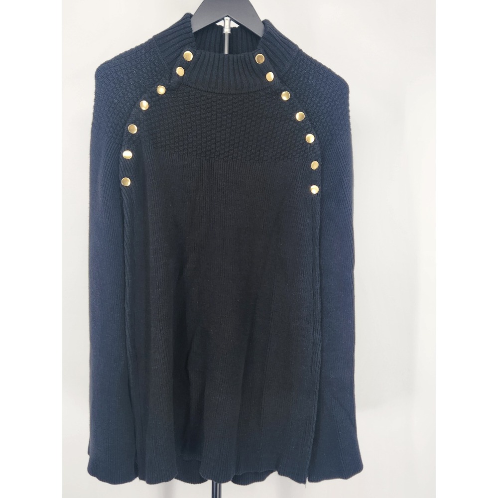 GILI Got It Love It Womens Black Mock Neck Gold Button Knit Sweater Cape M/L
